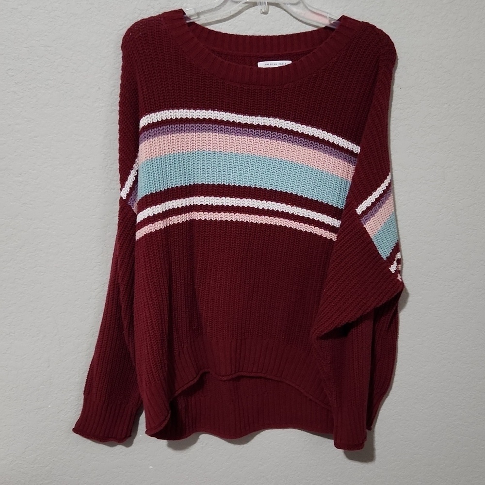 American Eagle Sweater Womens Size XL Knit Color Block Maroon Pink Blue White